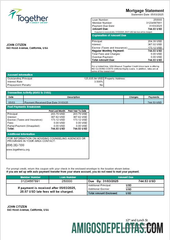 Declaração de hipoteca do banco USA Missouri Together Credit Union em formatos Word e PDF modelo